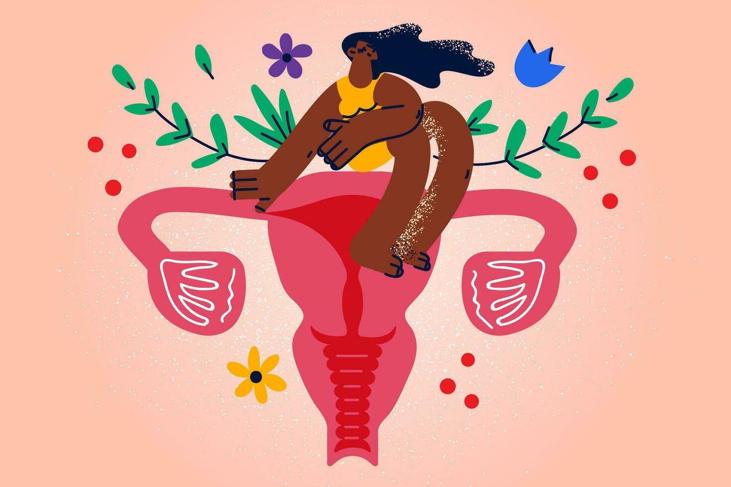 Woman sit on uterus with flowers show care to female health. Girl demonstrate self-love and self-care. Menstruation period and healthcare concept. Love yourself. Vector illustration.