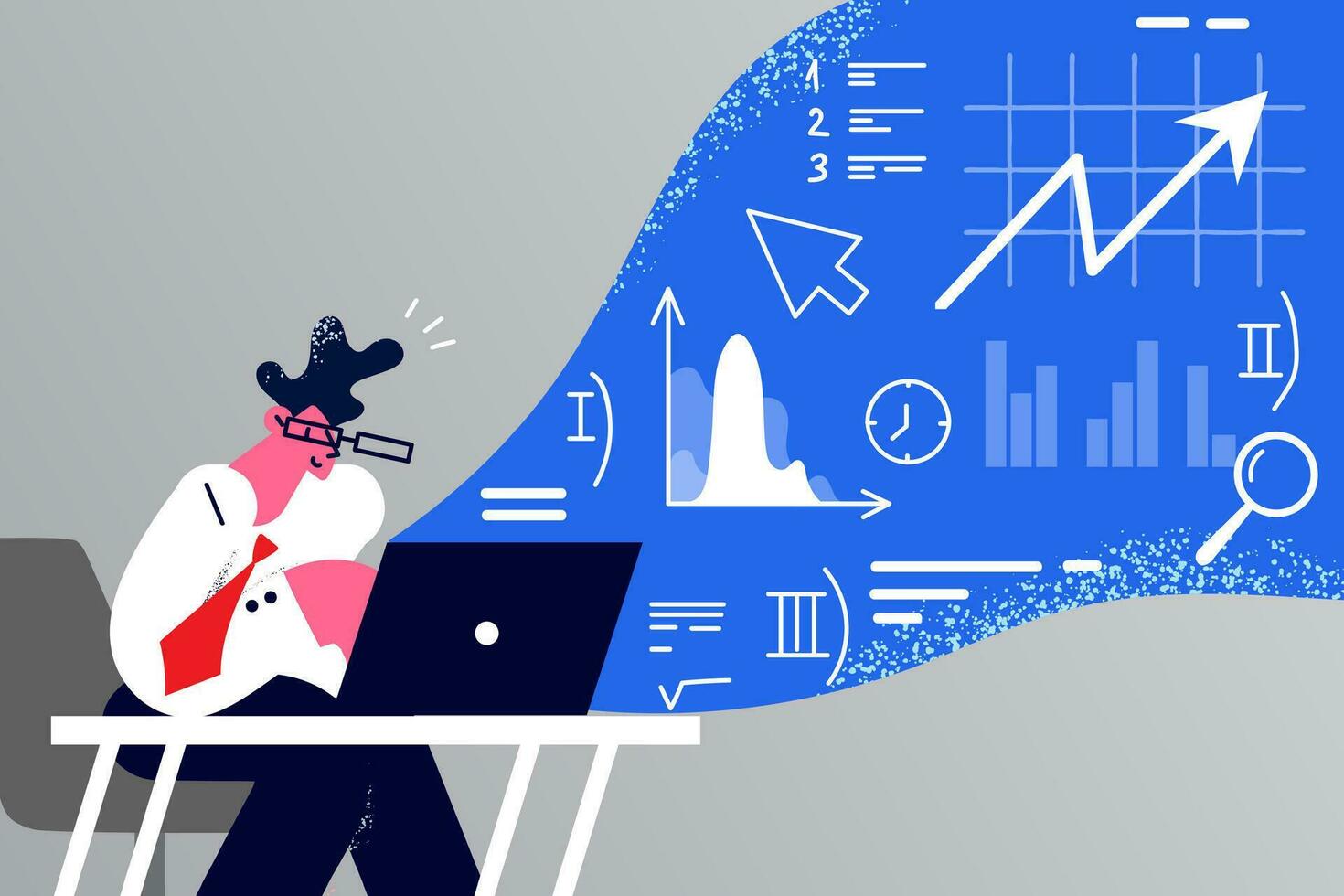 Successful young businessman in glasses sit in office work on computer with graphs and charts. Confident male employee or analyst sell on stock exchange market. Flat vector illustration.