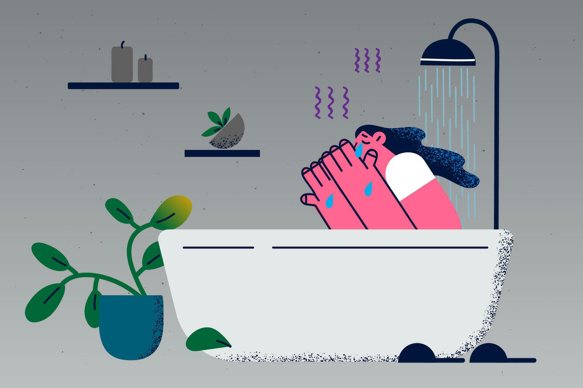 Sad unhappy woman sit in bath tube cry suffer from depression or