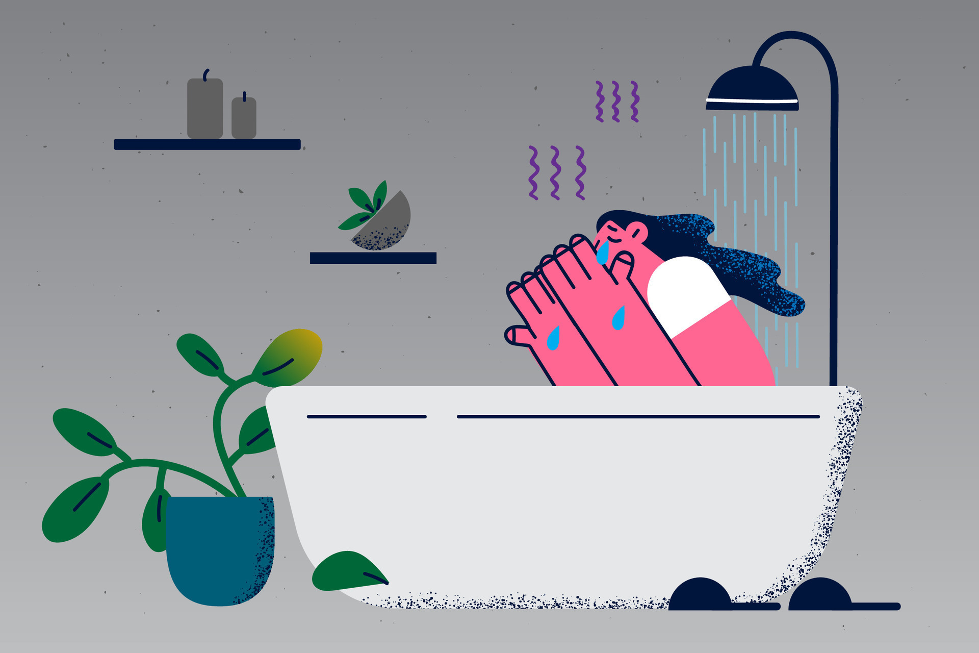 Sad unhappy woman sit in bath tube cry suffer from depression or