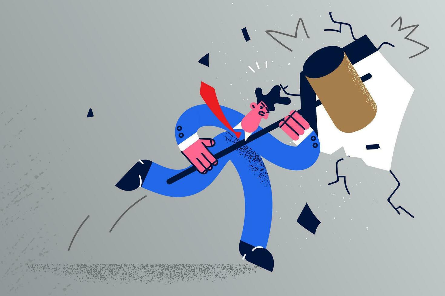 Businessman with hammer feel motivated break wall for career success or gal achievement. Male employee or entrepreneur crack boundaries for new challenge or accomplishment. Vector illustration.