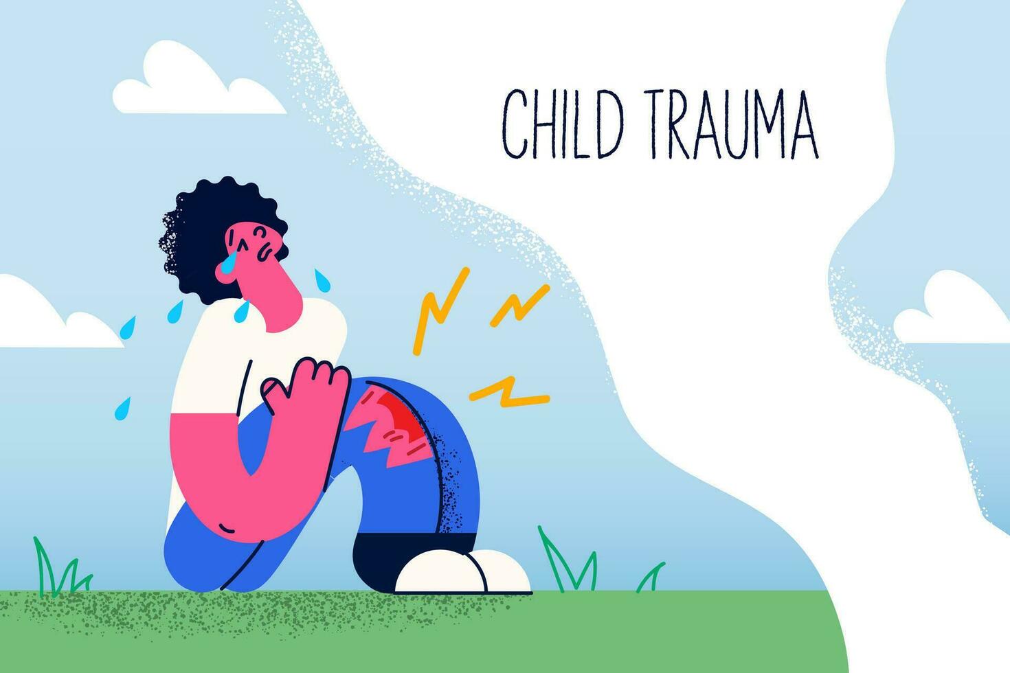 trastornado pequeño niño sentar en suelo al aire libre llorar porque de que cae abajo rotura rodilla. infeliz niño estresado con trauma o lesión afuera. niños drama concepto. plano vector ilustración.