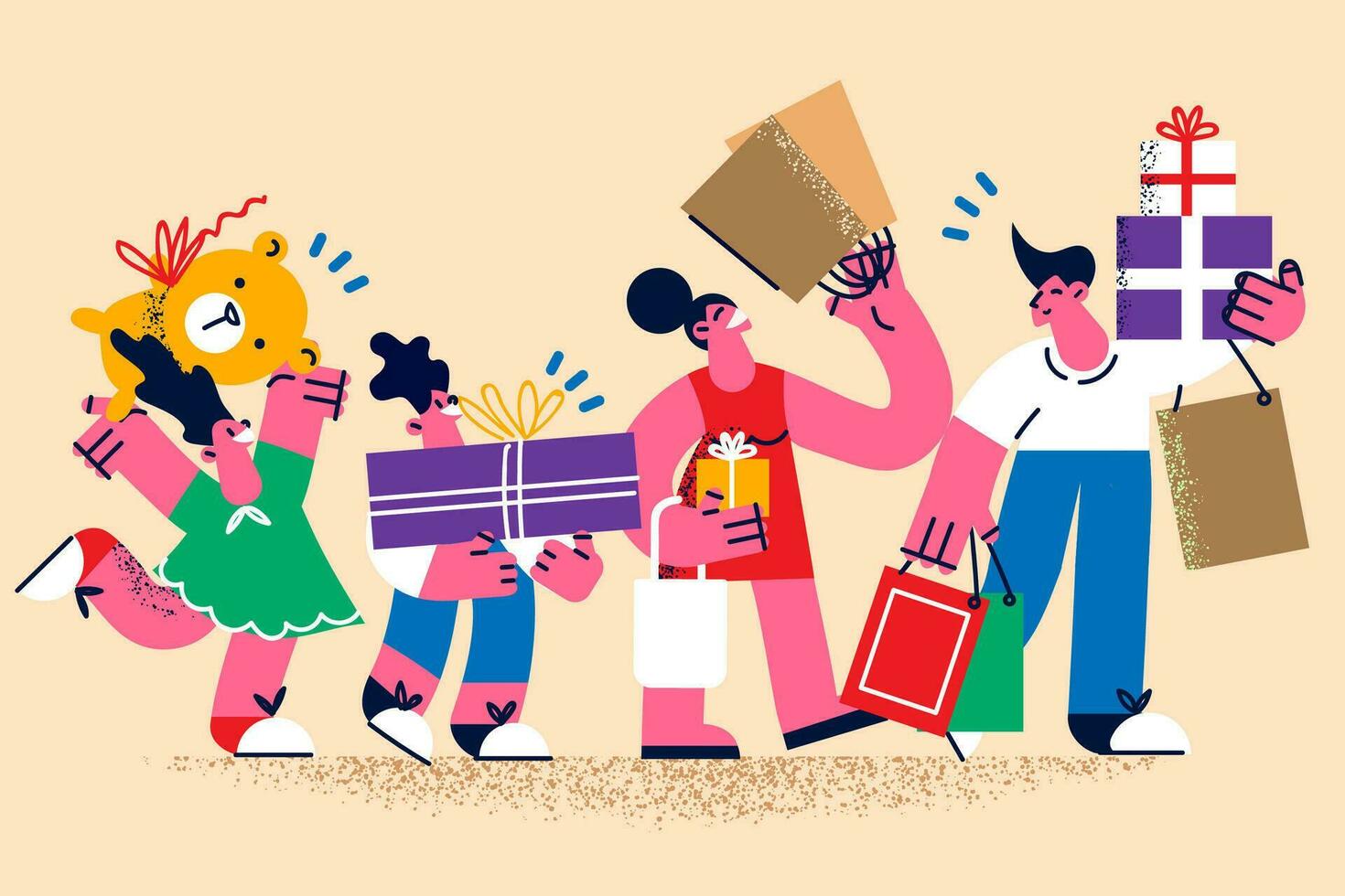 Happy young family with children feel joyful shopping together before New Year or Christmas. Smiling parents and kids with packaging and bag buy on sale or discount. Vector illustration.