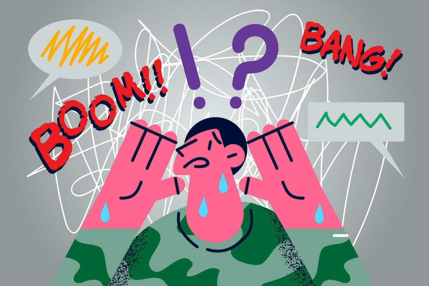 Distressed man in military uniform stressed suffer from post-traumatic stress disorder. Unhappy crying male soldier struggle with depression or anxiety after war. Mental problem. Vector illustration.