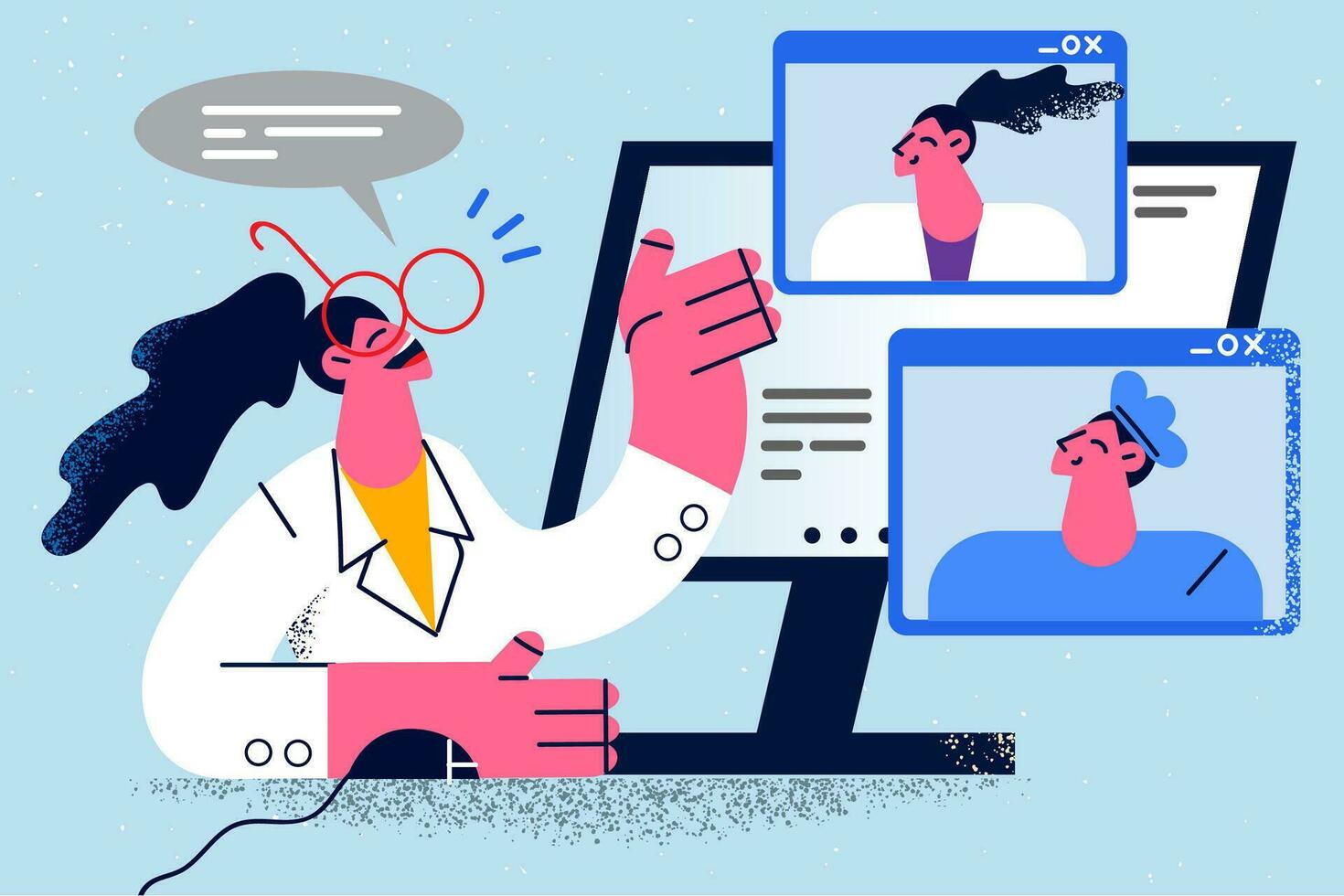 Smiling female doctor in medical uniform talk on video call with diverse colleagues. Happy woman nurse or GP have webcam digital communication with coworkers on computer. Vector illustration.