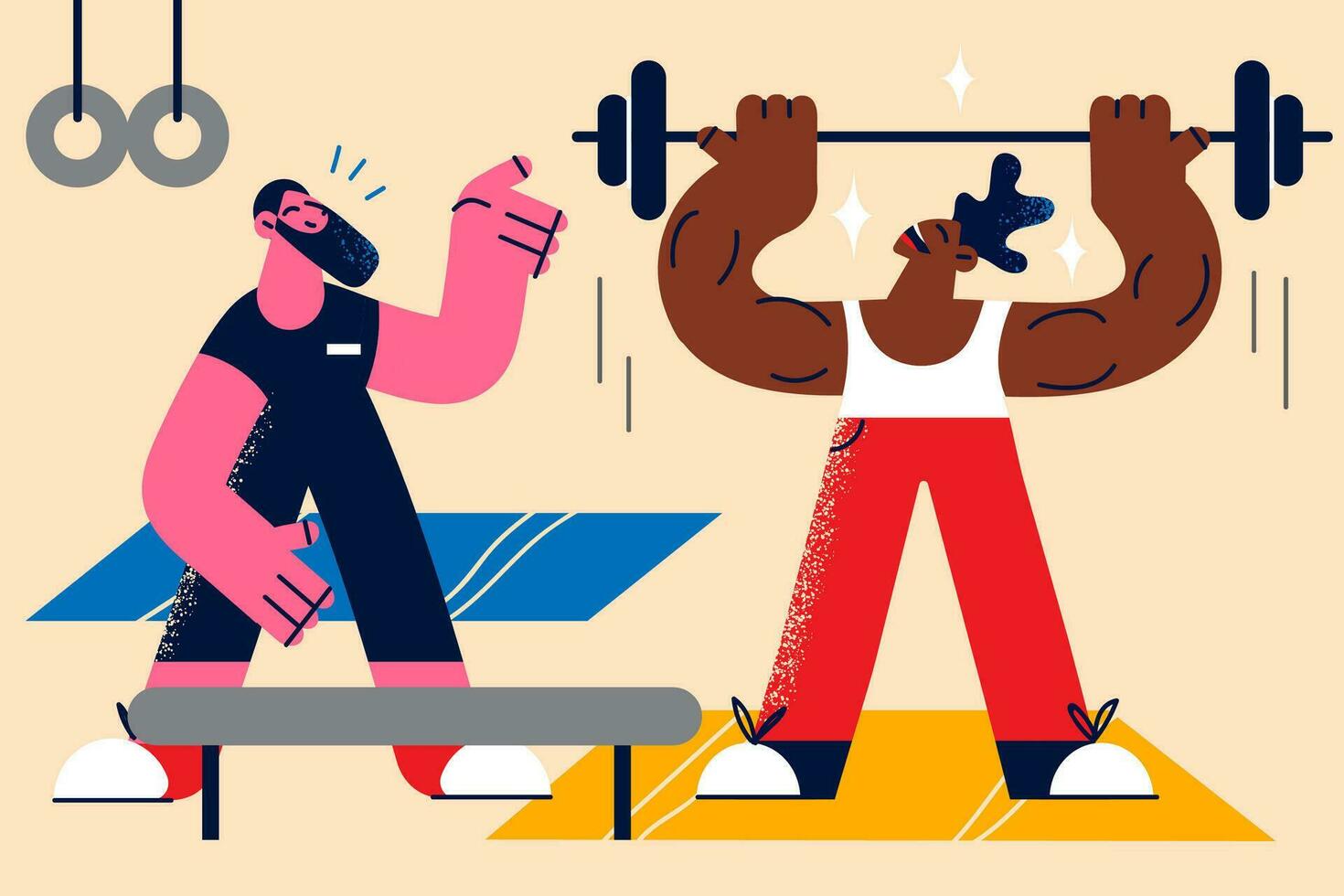 Man coach or trainer exercise with client in gym. Instructor train help guy customer lift heavy weights prepare for powerlifting competition. Personal training concept. Flat vector illustration.