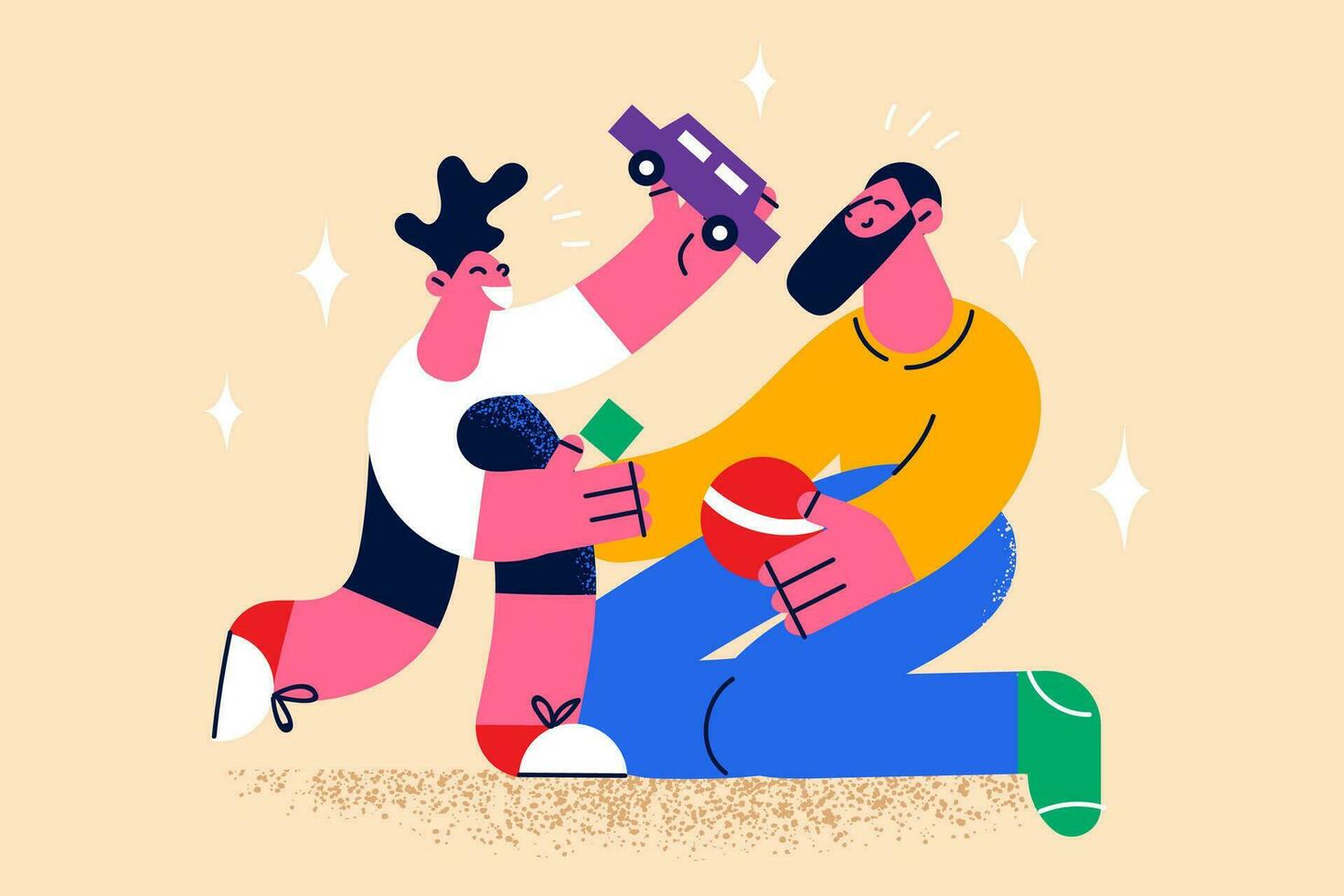 Loving father have fun play cars with small son on weekend at home. Happy caring dad enjoy time with little boy child involved in game together. Fatherhood and parenting. Vector illustration.