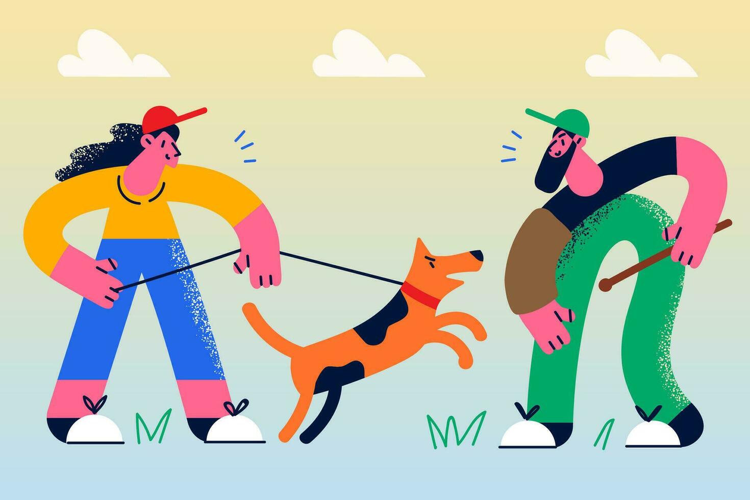 Woman owner with dog have training with specialist outdoors. Girl at class with puppy learn commands with canine handler. Domestic animal or pet lessons. Flat vector illustration.