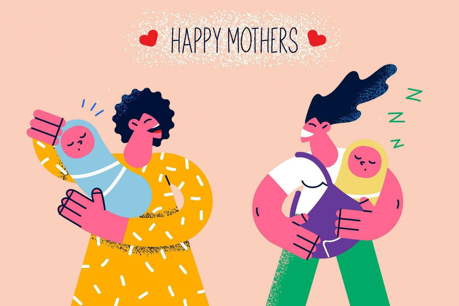 contento joven diverso madres con recién nacido niños sensación lleno de alegría con maternidad. sonriente mamás con bebé infantes disfrutar maternidad salir juntos. paternidad concepto. plano vector ilustración.