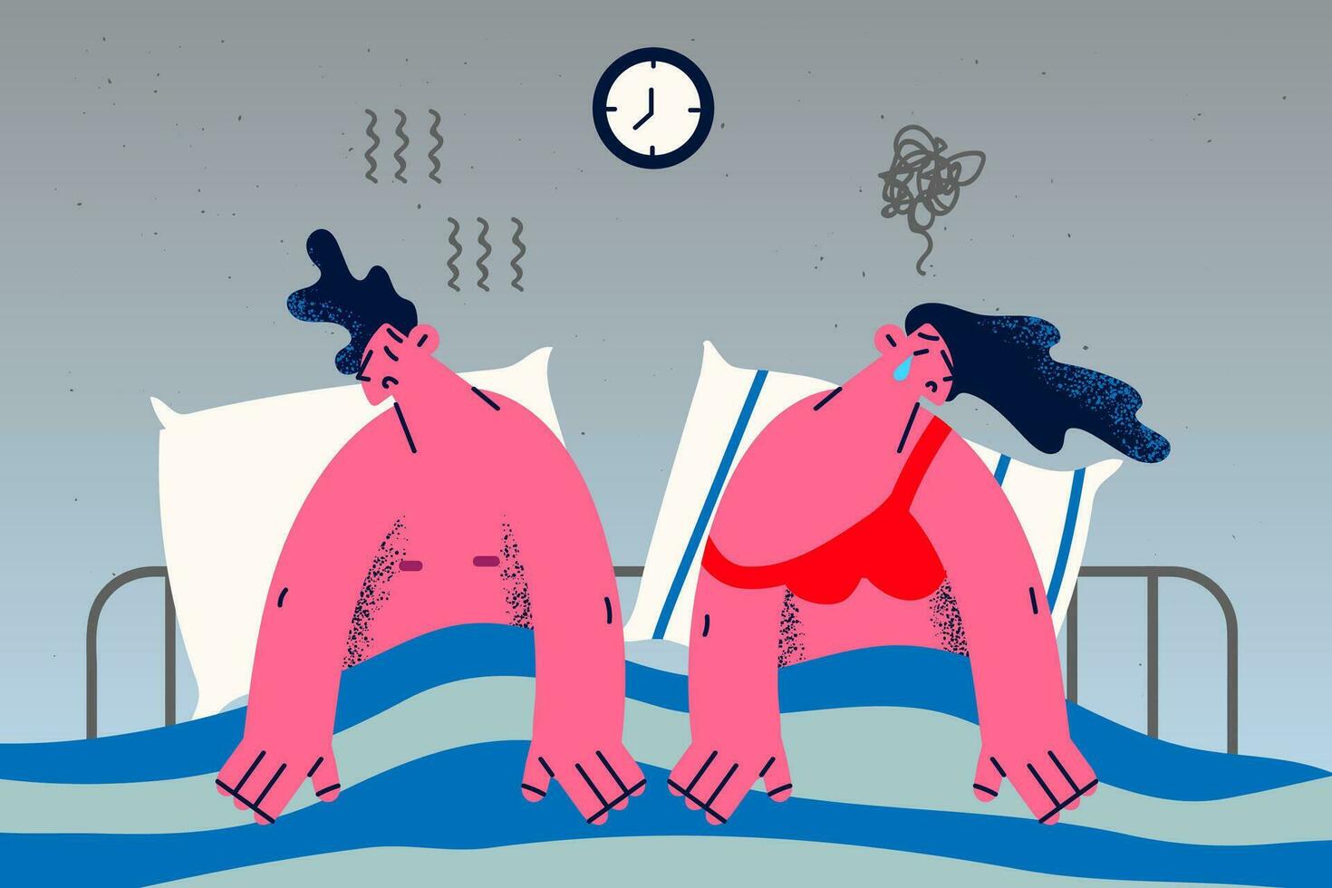 Unhappy couple lying in bed suffer from sexual problems. Upset stressed man and woman struggle with relationship troubles. Family fight, divorce or split. Flat vector illustration.