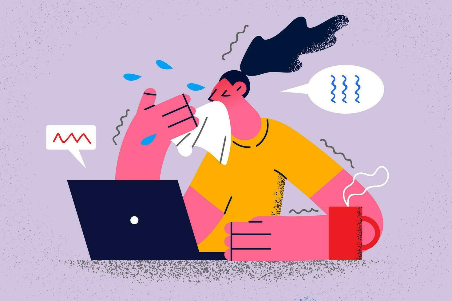 Sick woman employee work on computer in office feel sick suffer from corona virus. Unwell female worker busy with laptop job struggle with covid-19 flu or fever. Flat vector illustration.