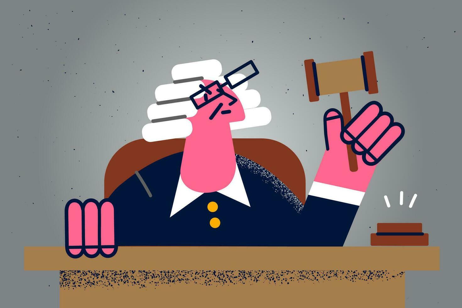 Male judge in wig hold hammer or gavel make verdict in court. Law and justice system. Legislation and power. Courtroom trial or tribunal. Flat vector illustration.