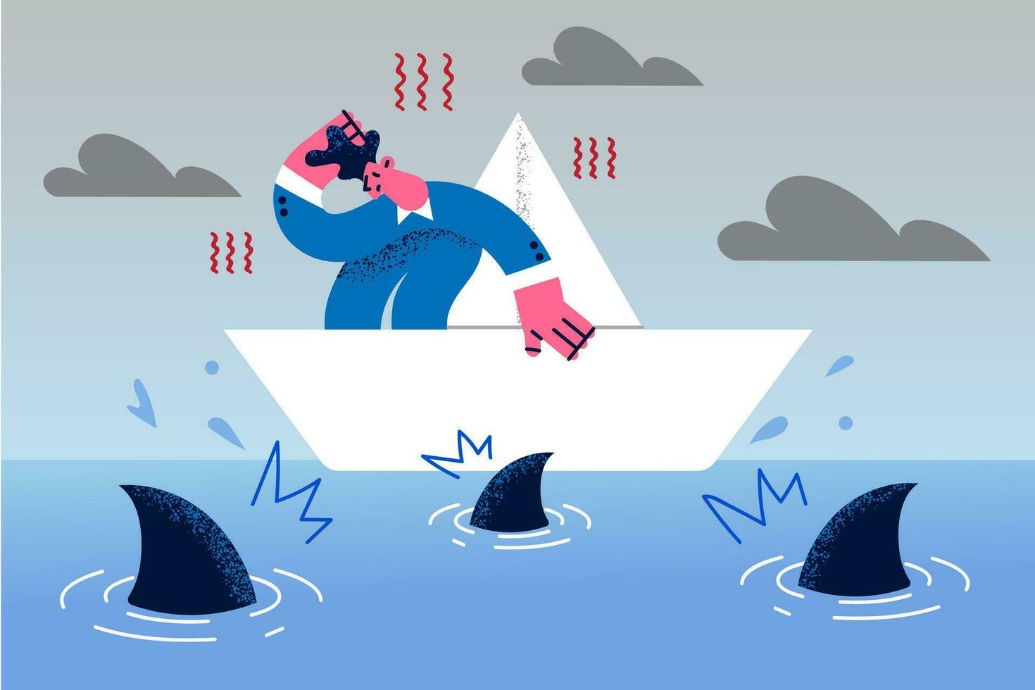 Businessman on paper boat in water surrounded by sharks feel frightened and terrified of affair. Male employee or worker involved in risky business deal or project. Flat vector illustration.