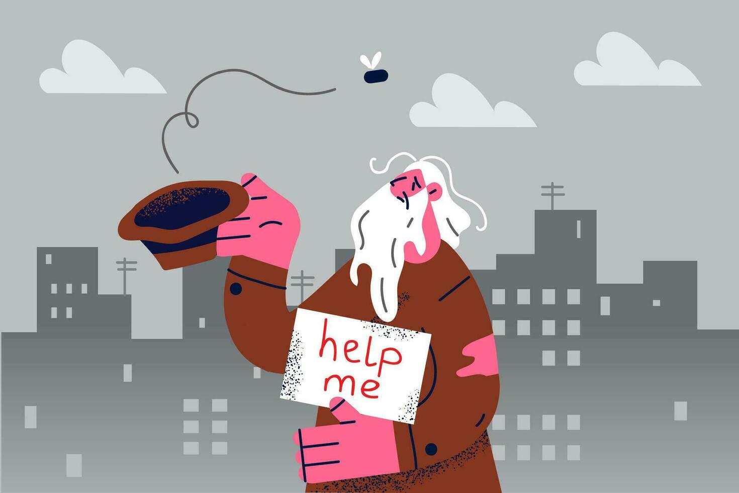 Unhappy homeless grey-haired man with hat beg for money on street. Upset lonely poor beggar ask for help and aid from people. Poverty and charity concept. Flat vector illustration.