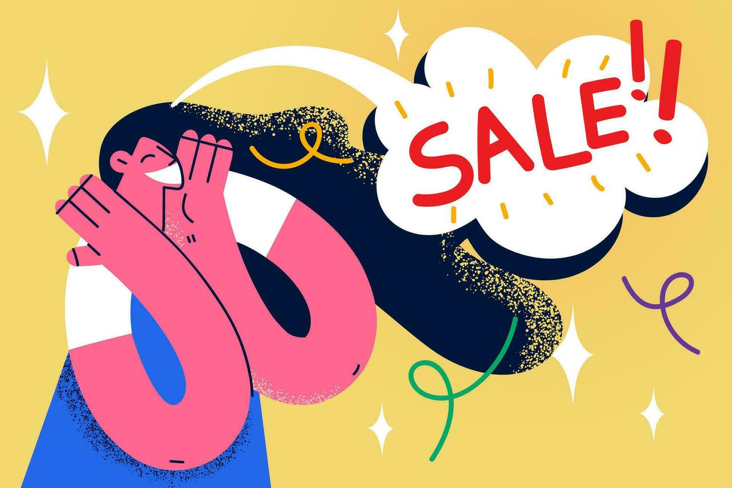 Excited young woman overjoyed triumph with online seasonal sales or promotion. Happy girl feel euphoric buying shopping in mall or store. Winter discount or deals. Flat vector illustration.