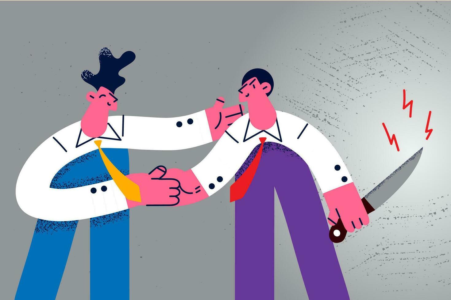 Businessman handshake colleague hide knife behind back ready to attack or betray. Business partners shake hands involved in risky deal. Rivalry and competition concept. Vector illustration.