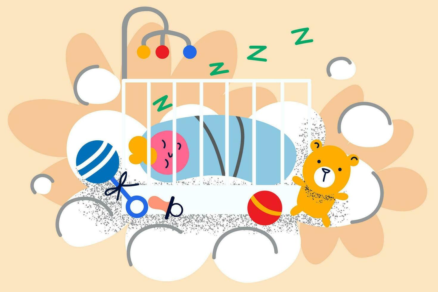 Calm cute little newborn baby sleeping peacefully in cradle. Small child kid infant relax lying in nursing crib or children bed. Childbirth and maternity. Childcare concept. Flat vector illustration.