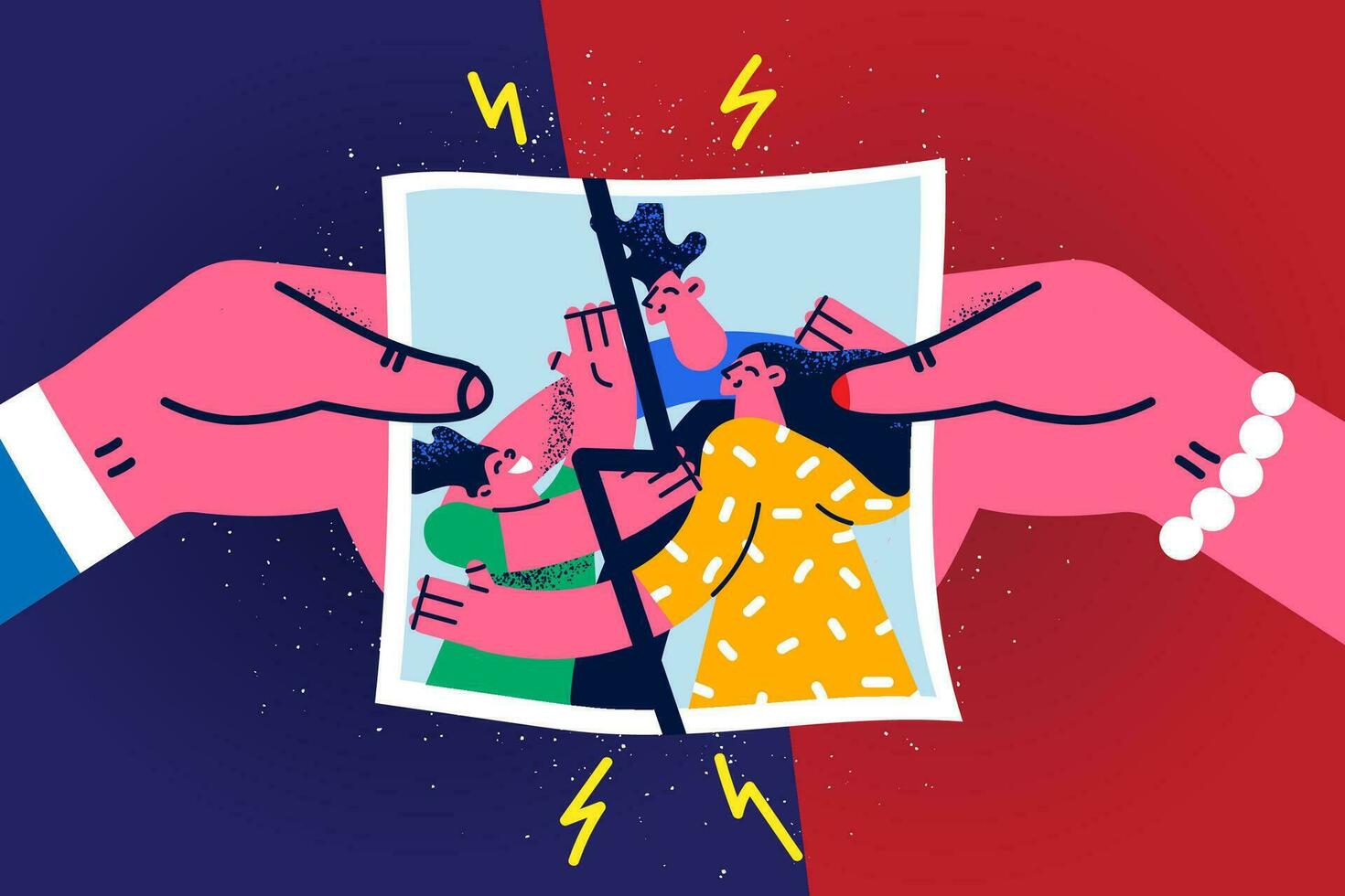 Spouses hold family picture torn apart experience divorce or split from partner. Man and woman separated or breakup. Relationship problem and marriage dissolution. Vector illustration.