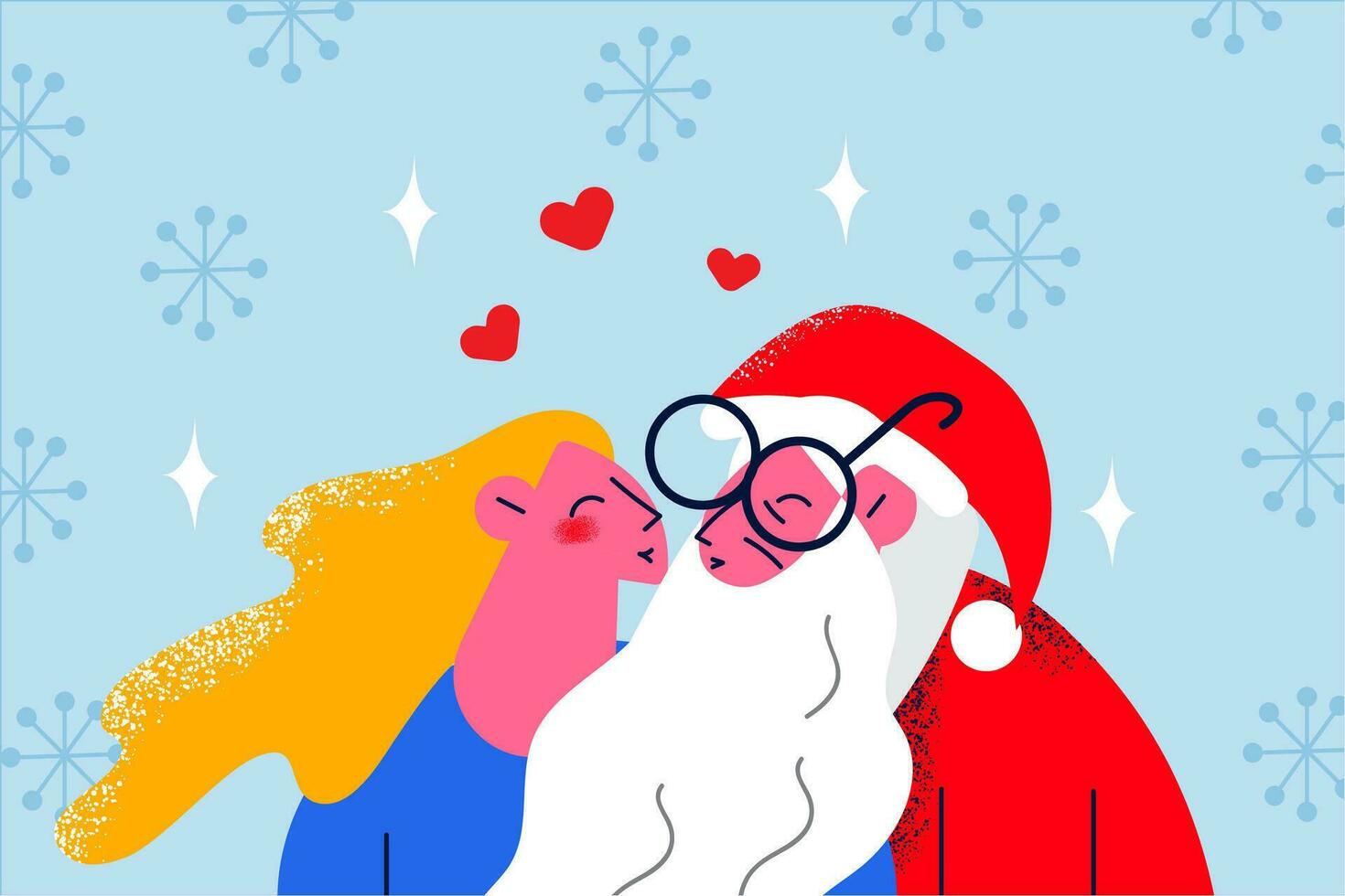 Santa Claus in traditional costume kiss woman feel in love and affection. Happy old father Christmas and young female in relationship. New Year and winter holidays fun. Vector illustration.