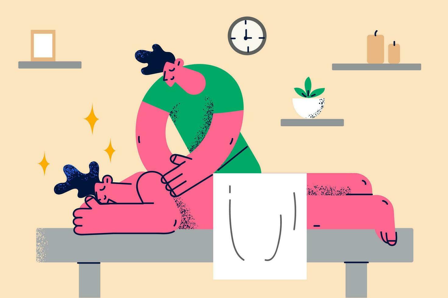 Professional masseur give massage to happy calm client in saloon or spa clinic. Masseuse perform manual body care or procedure to relaxed customer in salon. Flat vector illustration.