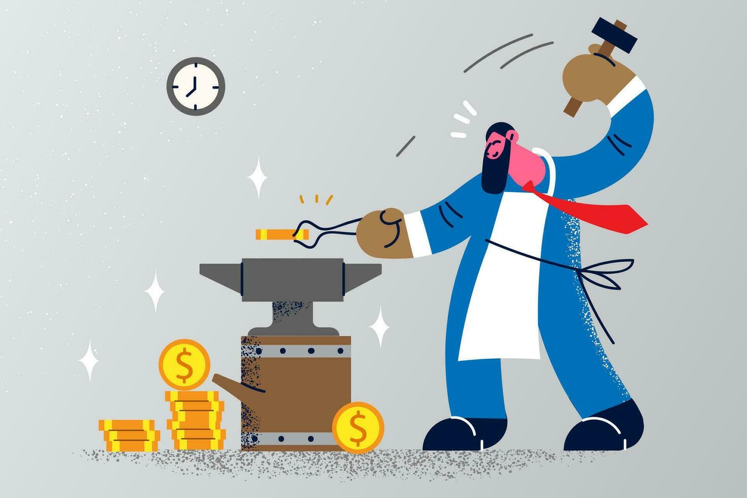 Businessman forge money on classic old anvil. Motivated male employee or entrepreneur make coins. Profit and income. Successful entrepreneurship. Flat vector illustration.
