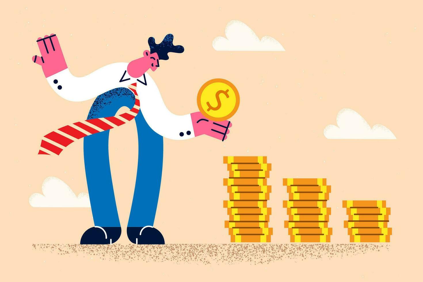 Happy businessman stack golden coins get dividend from successful investment. Smiling male employee or worker receive money income or profit. Financial success. Flat vector illustration.