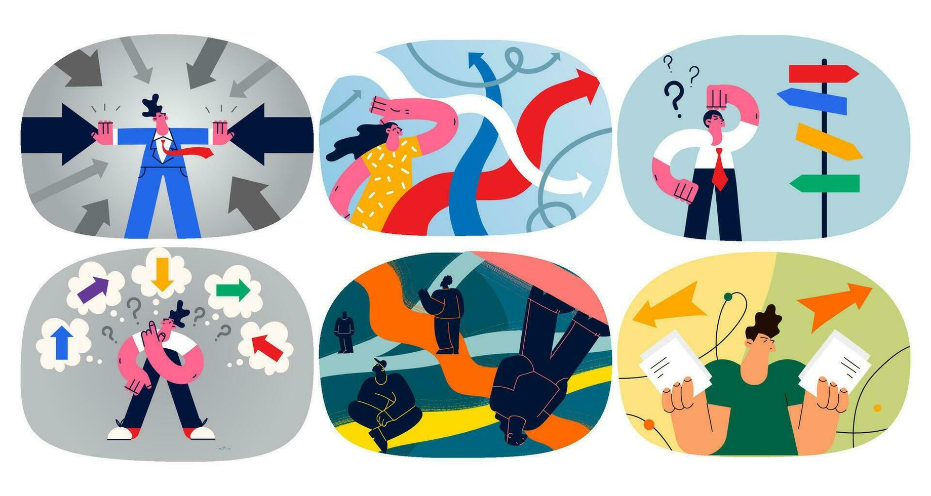 Set of diverse people feel confused doubtful searching for problem solution. Collection of men and women frustrated with decision or trouble solving, make choice option. Flat vector illustration.