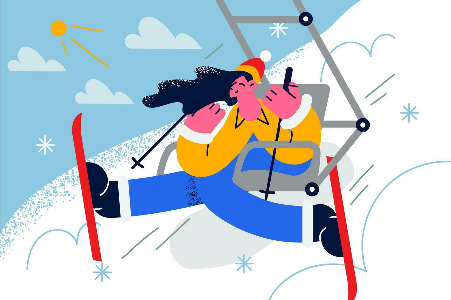 Overjoyed young woman in outerwear enjoy winter holidays in mountains. Smiling girl relax rest on vacation skiing on resort. Relaxation and recreation. Flat vector illustration.