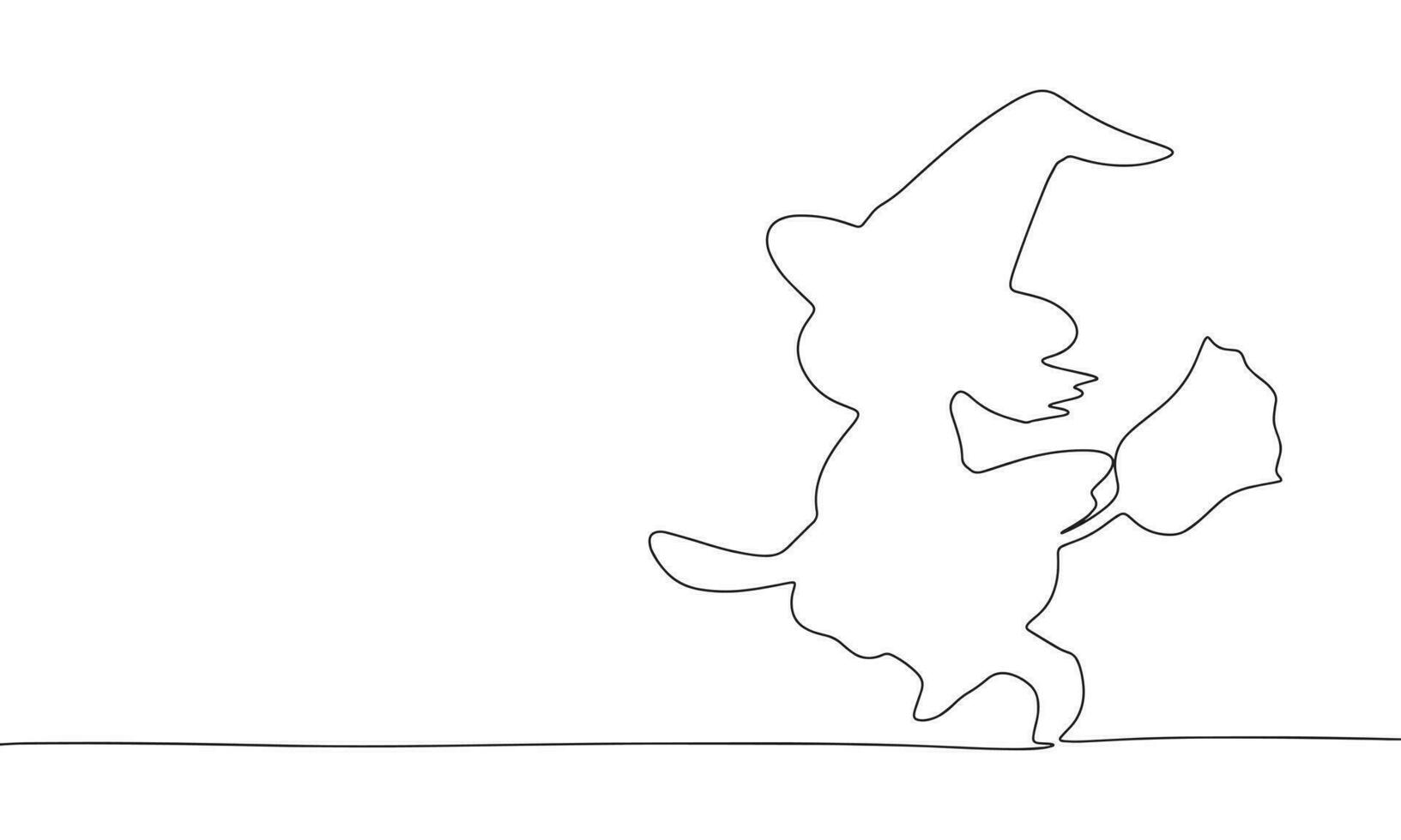 One Continuous line drawing of little witch on a broomstick. Thin curls and romantic symbols in simple linear style. Minimalistic Doodle vector illustration