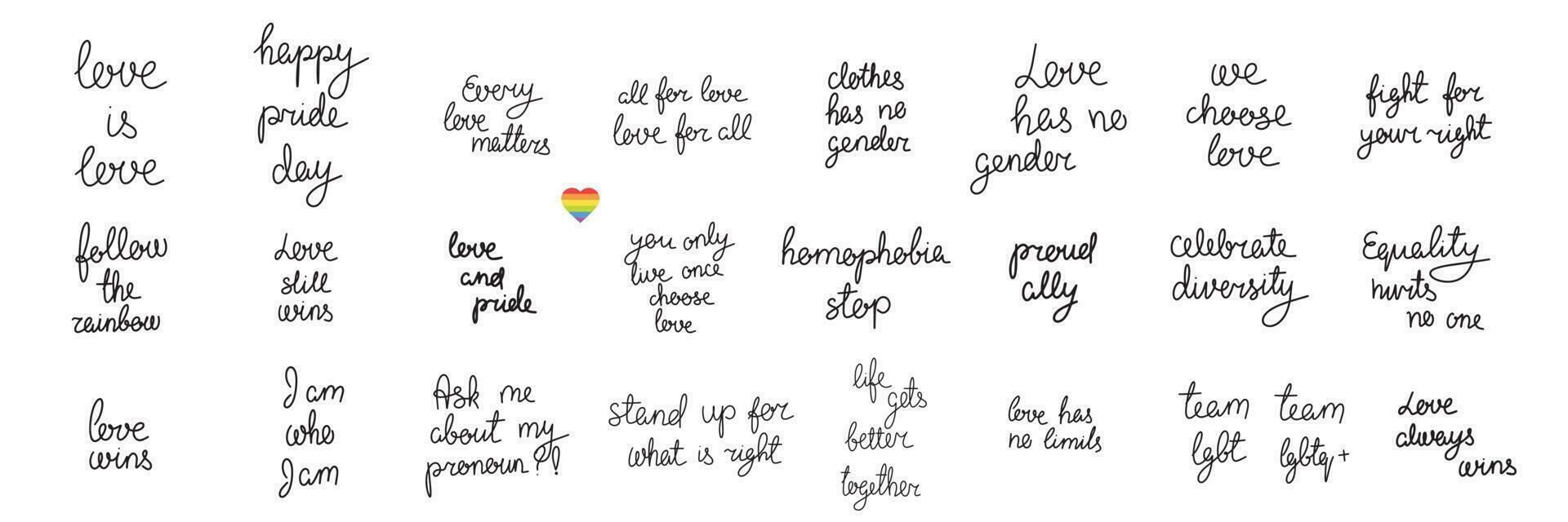 LGBT lettering vector illustration set. Concept for pride community. Happy Pride day, Love ia Love hand drawn modern lettering saying without rainbow. Festival slogan. Design for flyer, card, banner.