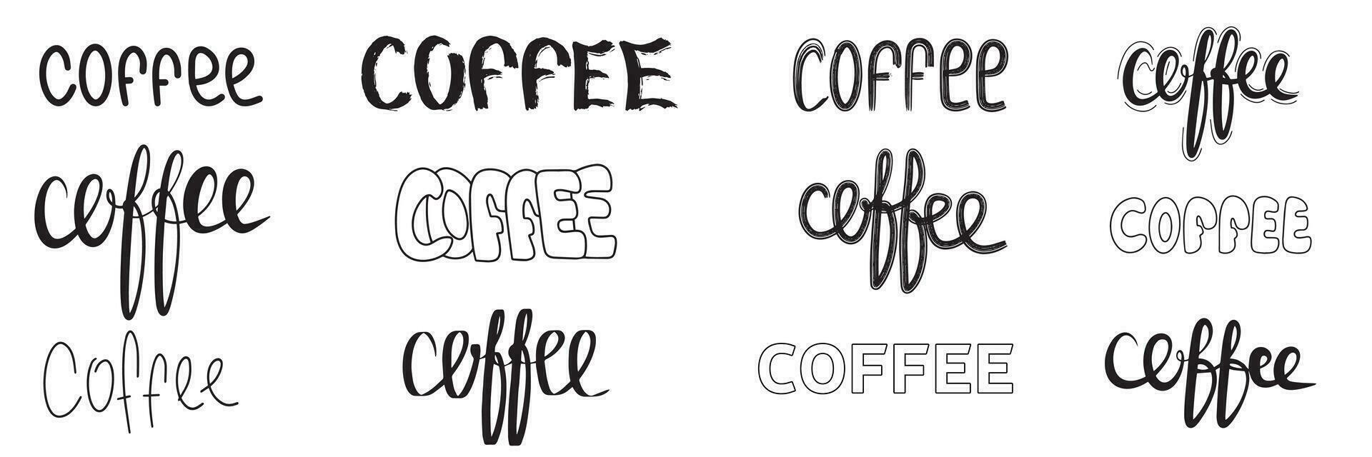 Large set of word coffee. Large collection Hand drawn calligraphy and brush pen lettering word coffee. Design of advertising brochures and invitations to cafes, restaurants, bakery vector