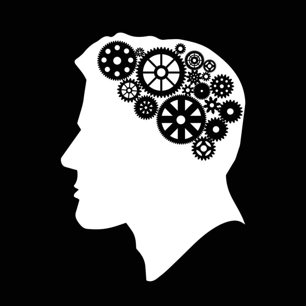 Man head silhouette with gears in head as brain. vector