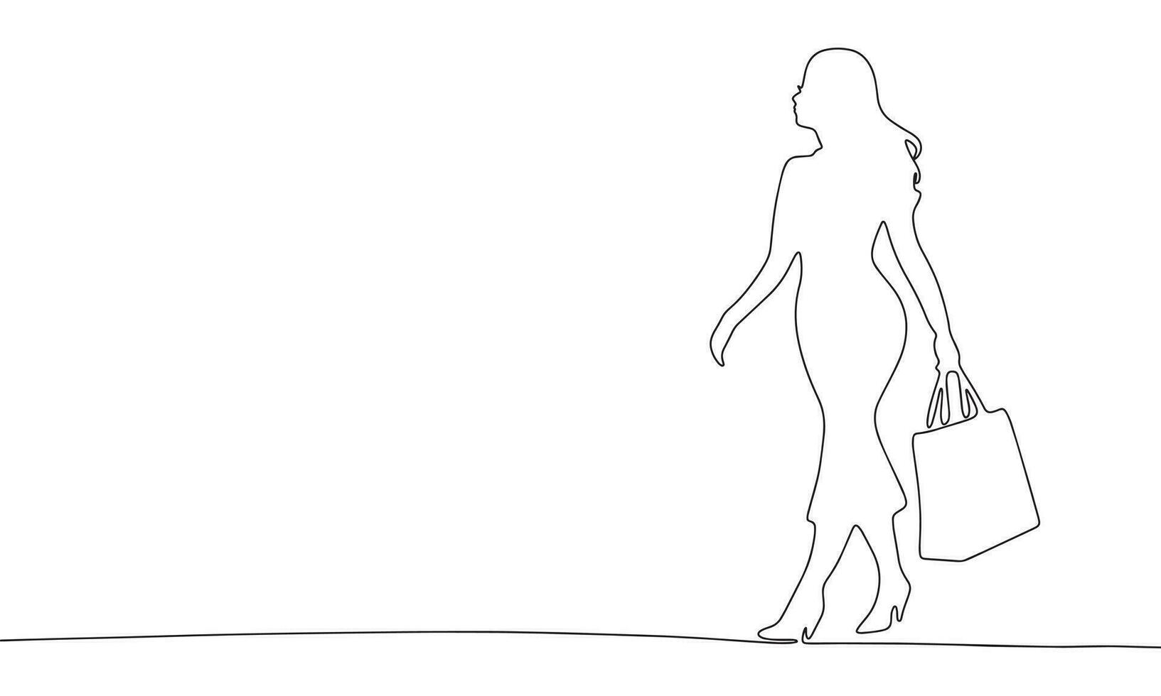 Continuous line drawing of beauty woman, Black and white vector minimalist illustration of shopping concept