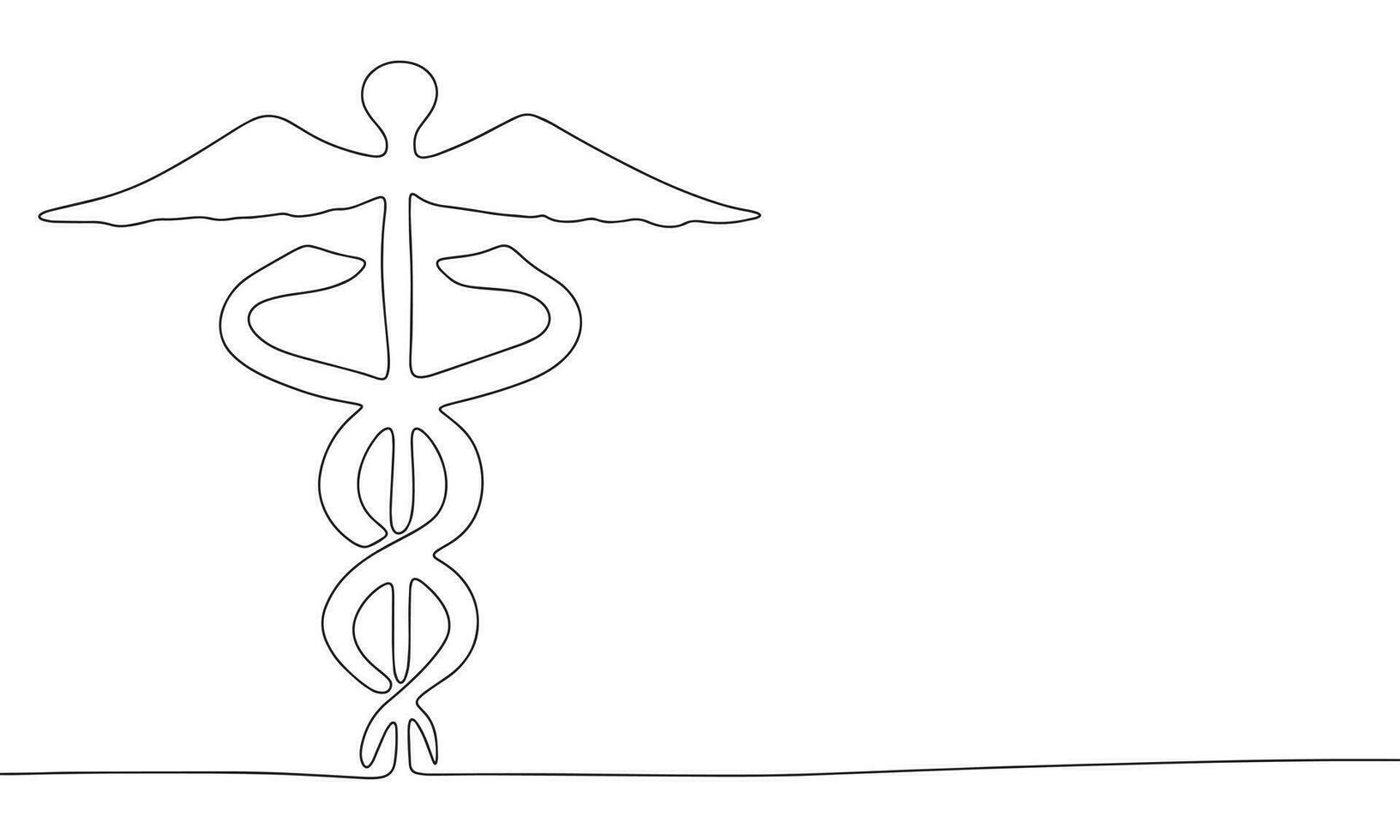 One Continuous line drawing of Caduceus as a symbol of medicine. Thin curls and romantic symbols in simple linear style. Minimalistic Doodle vector illustration