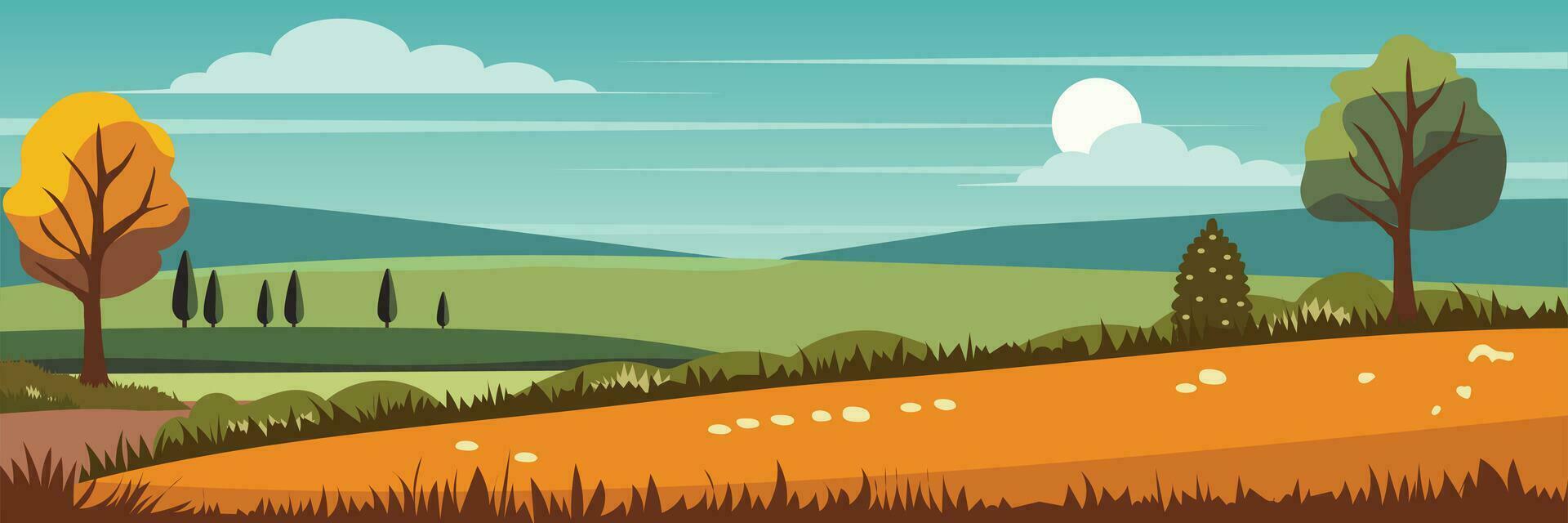 Flat Autumn landscape. Vector countryside illustratiom with woods, herbs and road