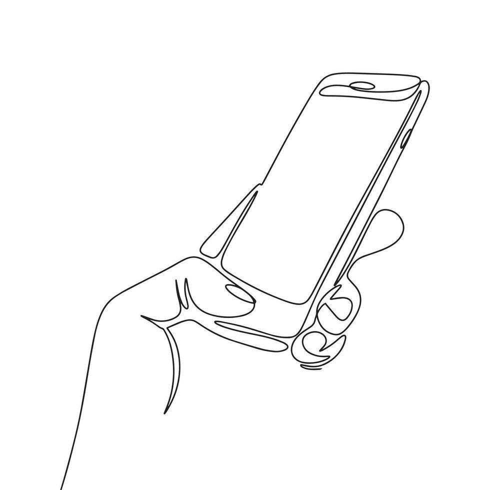 continuo uno línea dibujo de teléfono en mano. teléfono inteligente en mano concepto minimalista diseño para logo aislado en blanco antecedentes. vector ilustración