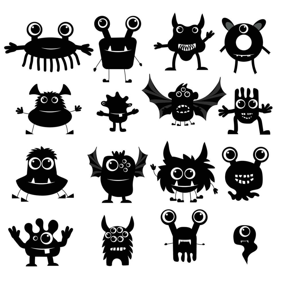 Happy Halloween. Monster set icon line. Cute cartoon baby character. Funny face black silhouette. Eyes teeth fang horn tongue. Flat design. Vector illustration