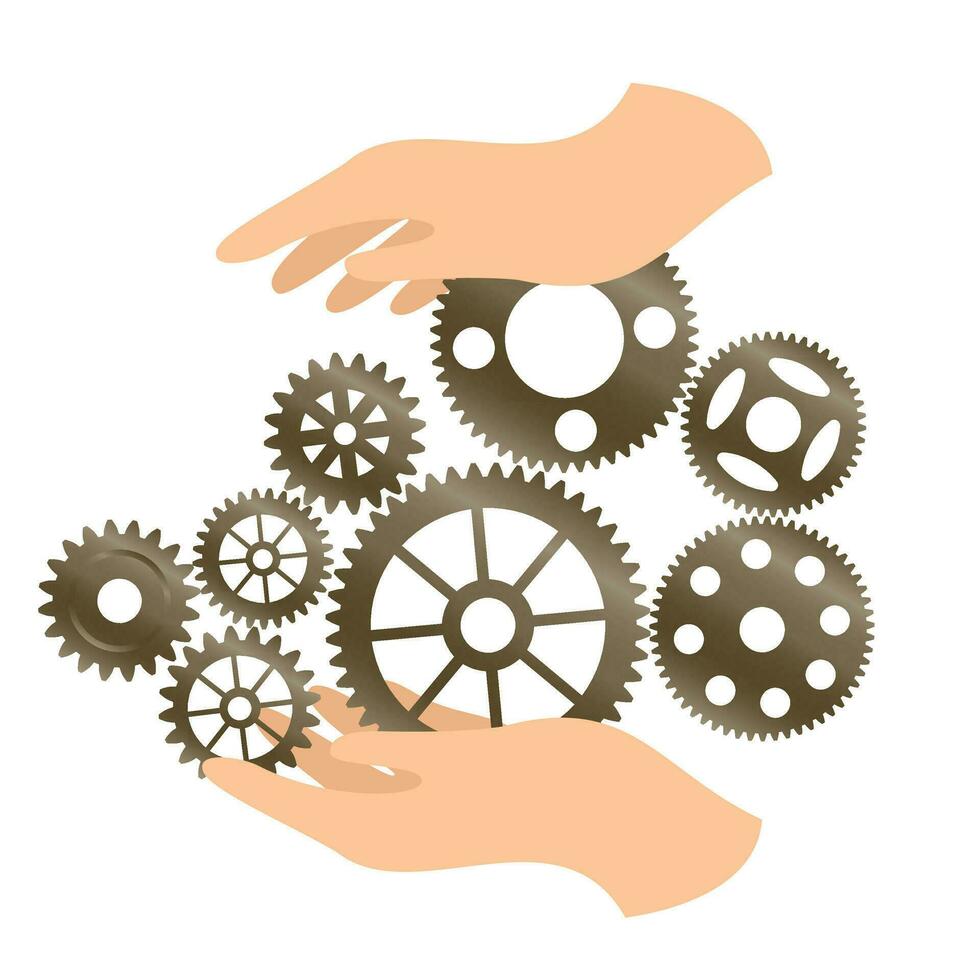 Cog or gear wheels symbol above and in hands - machinery care concept vector