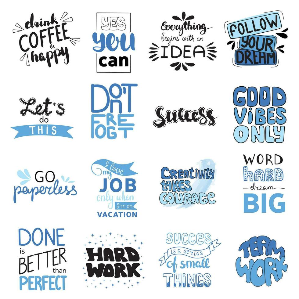 Big collection phrases about work, job, office. Hand drawn text. Vector illustration.