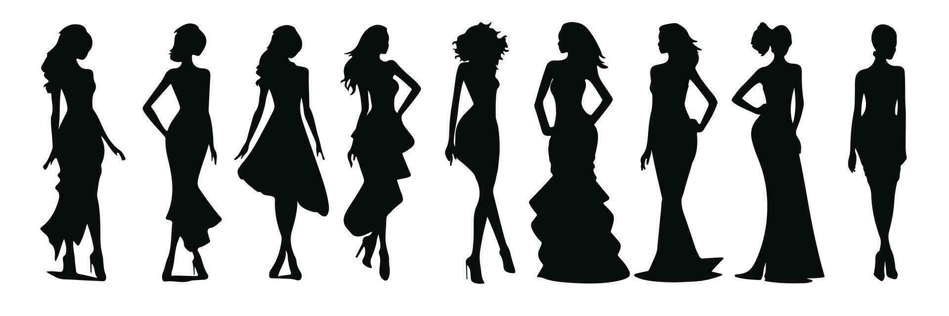 Set of woman silhouettes. Vector illustration set of various beautiful model girls in dress. Lady girls