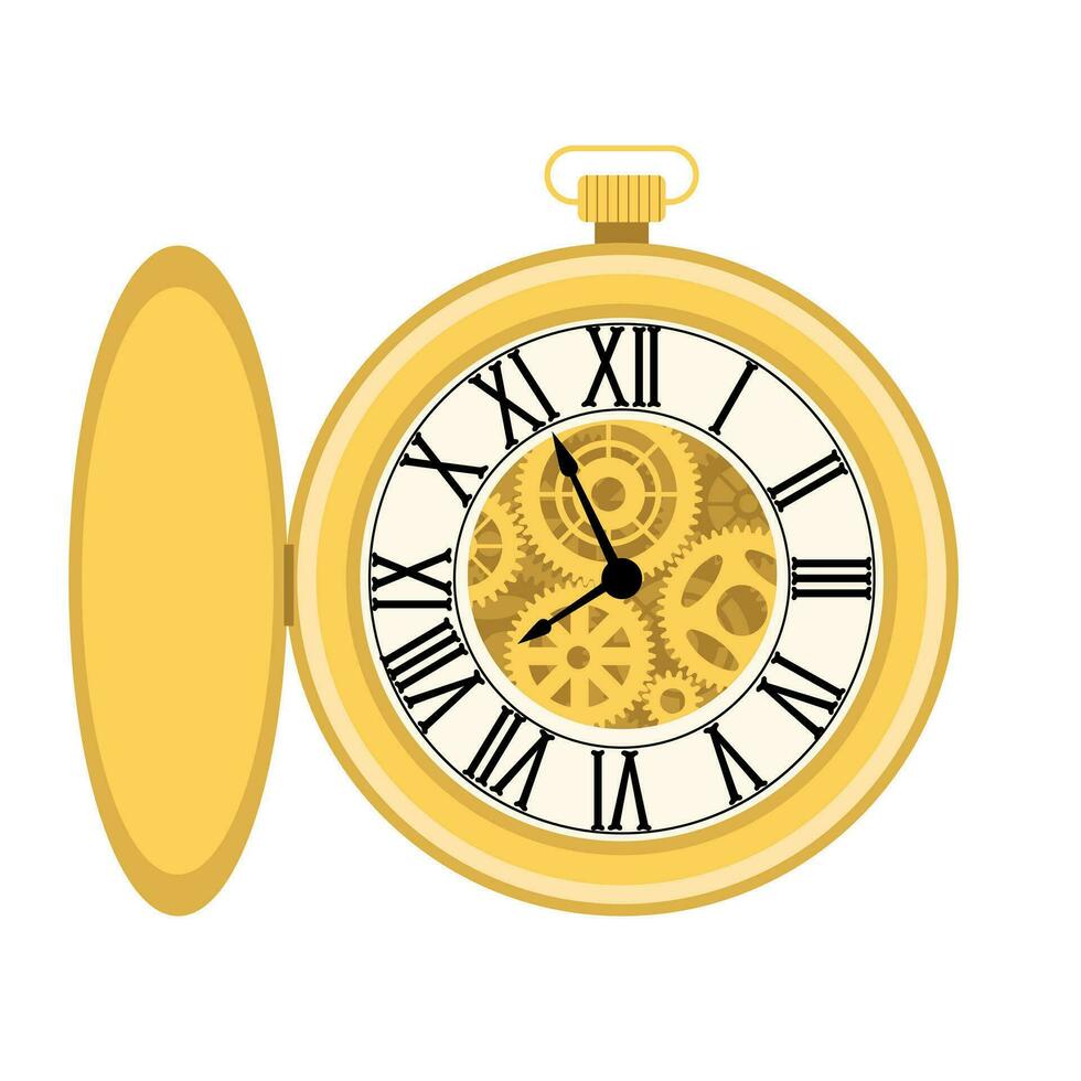 Retro pocket watch isolated on the white background. Golden Antique pocket watch vector in cartoon style. All elements are isolated. Vector illustration.
