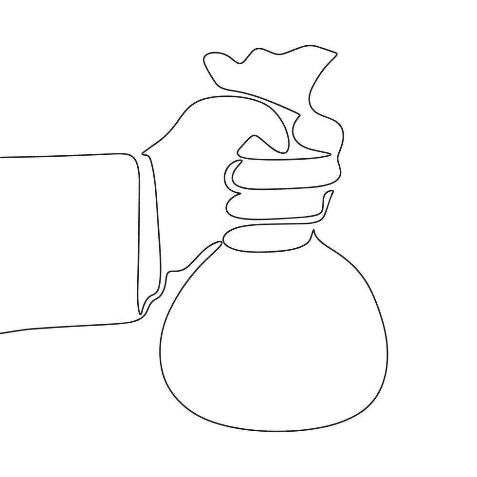 Continuous one line drawing hand with bag money. Vector illustration finance concept line art, outline silhouette.