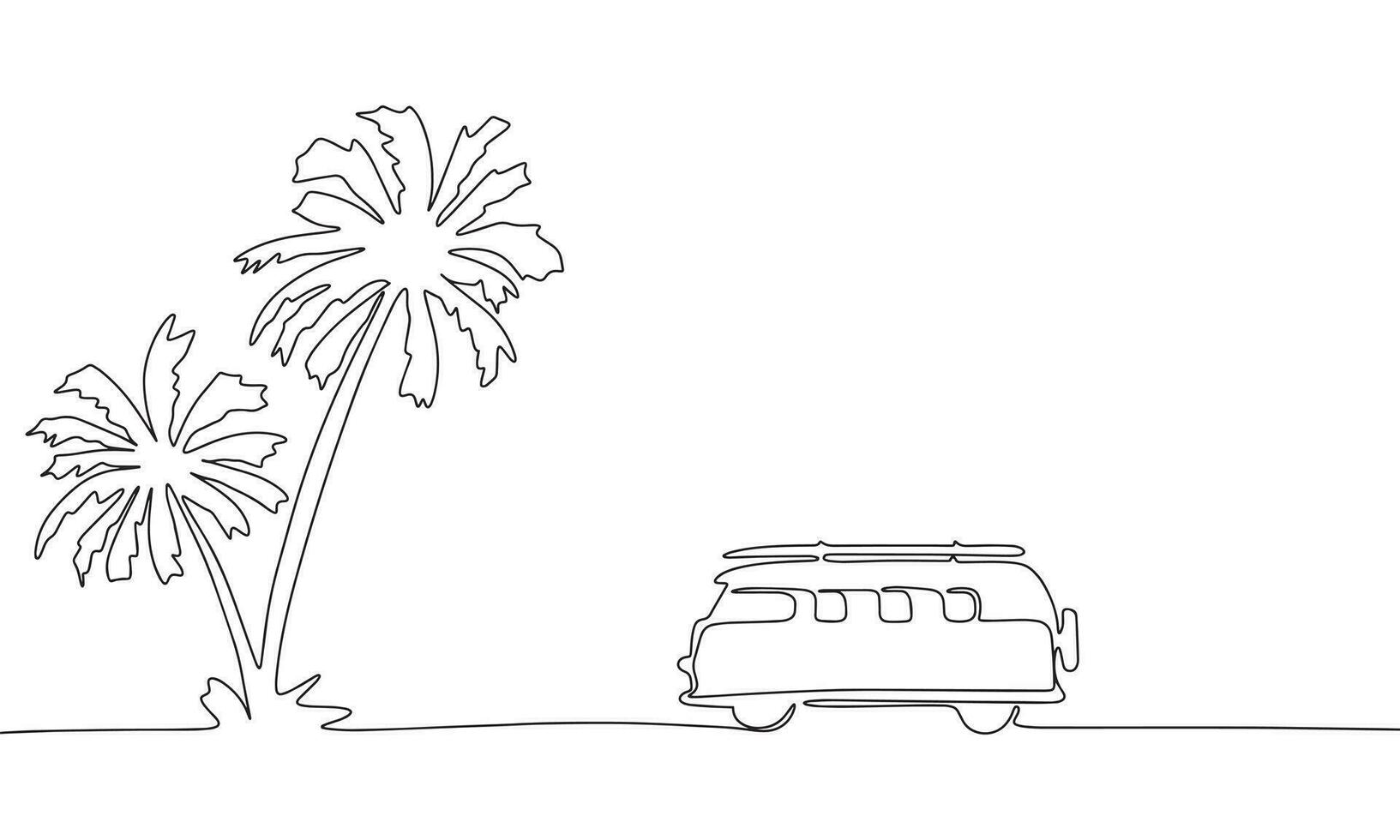 viaje camioneta en continuo línea Arte dibujo estilo. silueta de palma árbol y camioneta. negro lineal bosquejo aislado en blanco antecedentes. vector ilustración