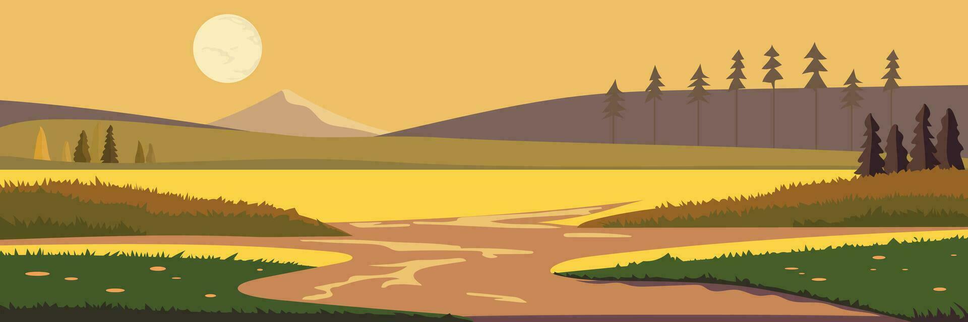 Vector landscape with warm sun. Sunrise over mountains with lake and forest. Red and orange colours. Good morning, new day and positive emotions concept. Illustration.