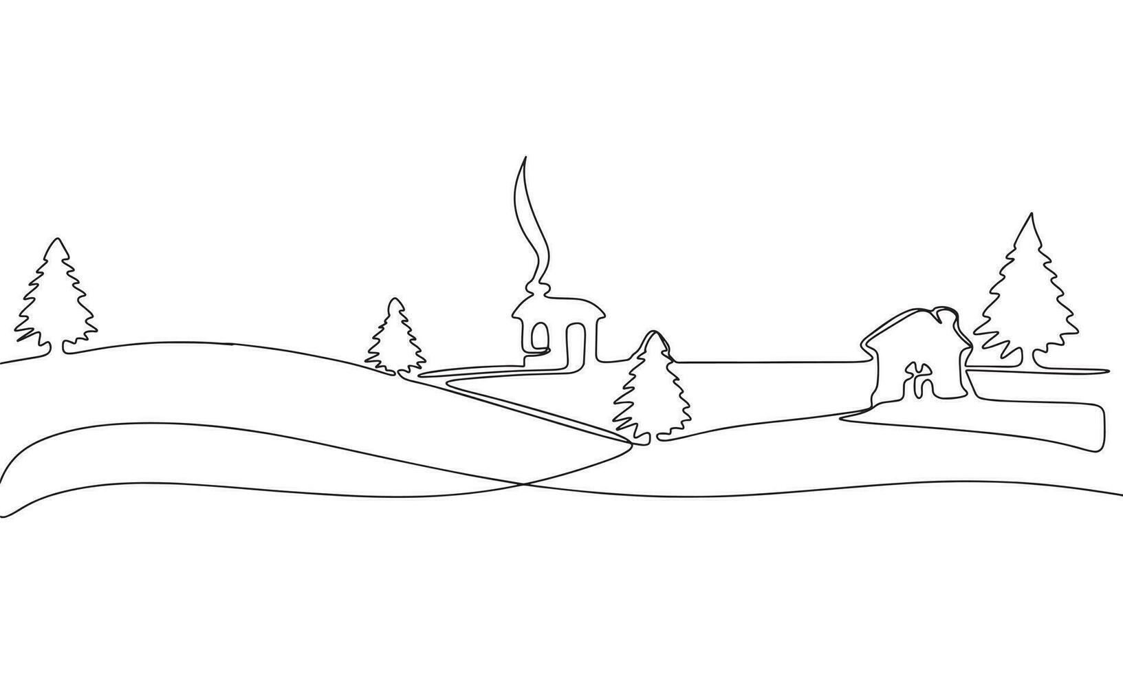 Continuous line winter landscape art. Single line winter concept. Line art, outline, banner in minimalism style. Vector illustration