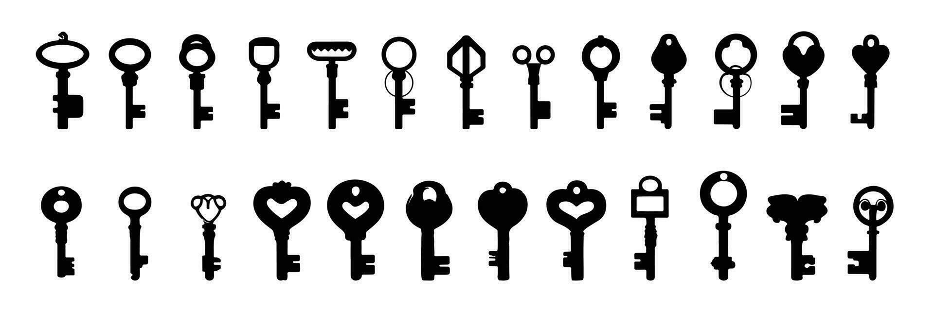 Big collection of silhouette of keys. Vintage modern keys, decorative old keys. Vector illustraiton.