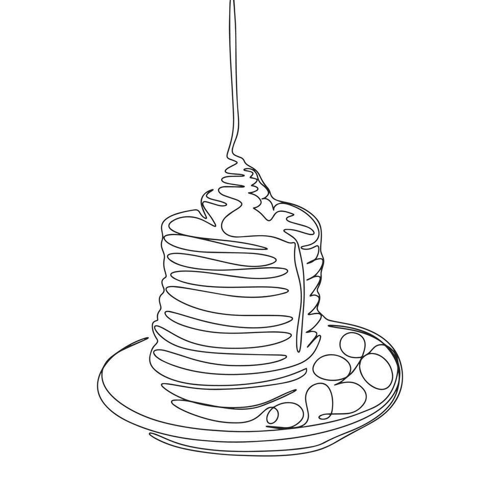 Continuous one line drawing pancakes with jam. Panckakes vector hand drawn silhouette clipart. Sketch isolated on white background