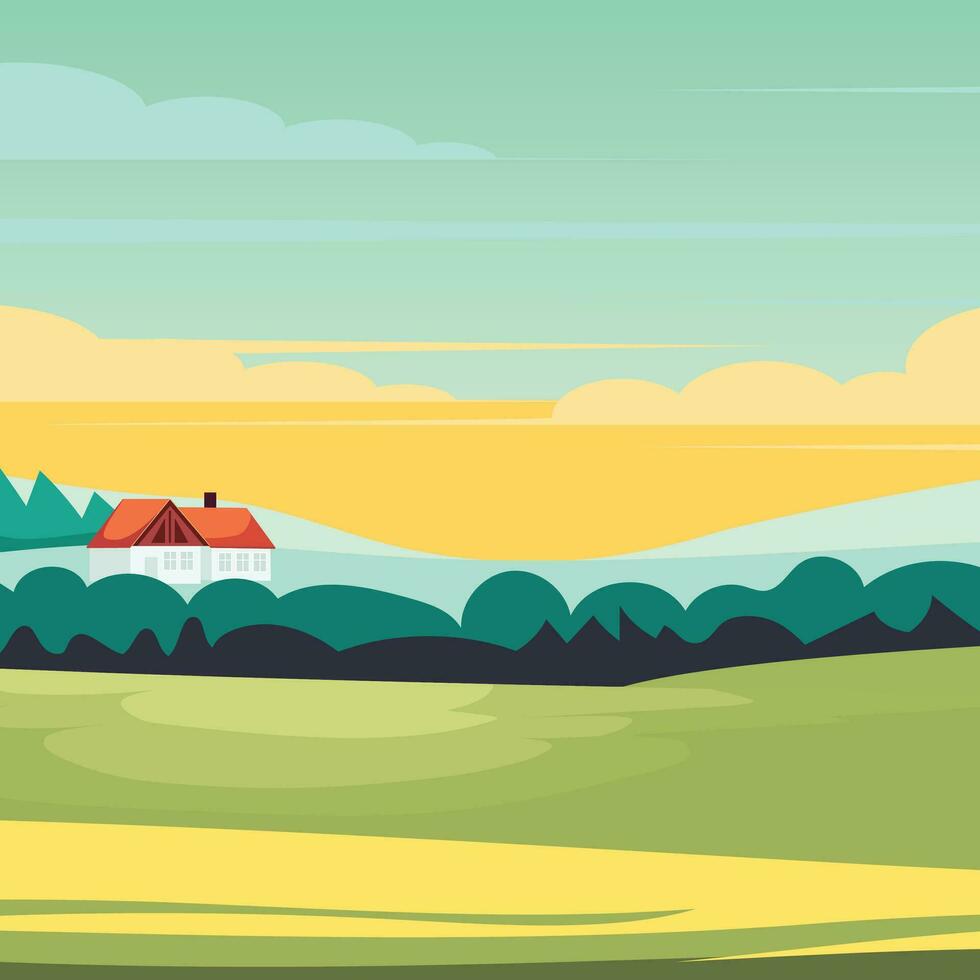 hermosa campos paisaje con un amanecer, verde sierras, brillante color puesta de sol cielo, antecedentes en plano dibujos animados estilo. vector ilustración.