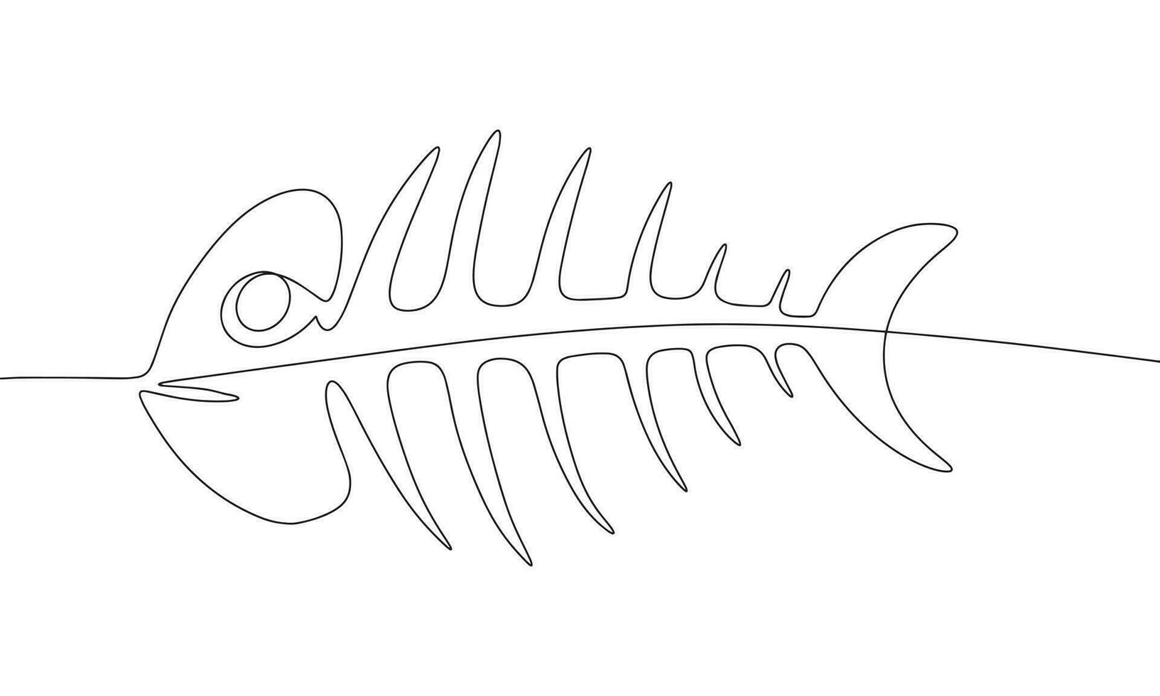 Continuous line drawing of fish skeleton or bone fish. Vector illustration as line art outline wallpaper for minimal poster, template, banner