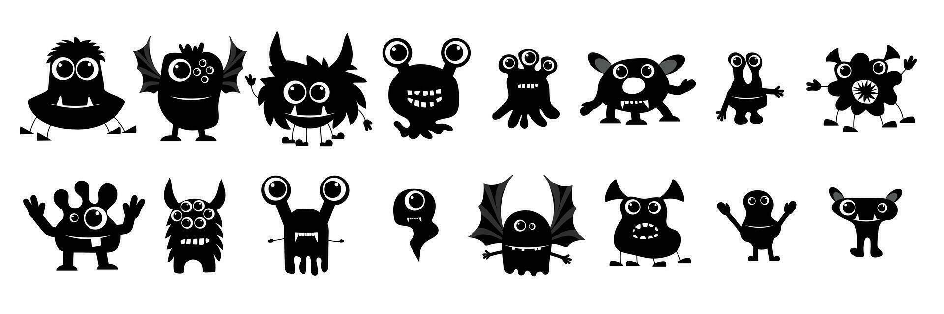Big set of Halloween silhouettes monster character. Design of creepy and spooky elements for halloween decorations, sketch, icon, sticker. Hand drawn vector solated background.